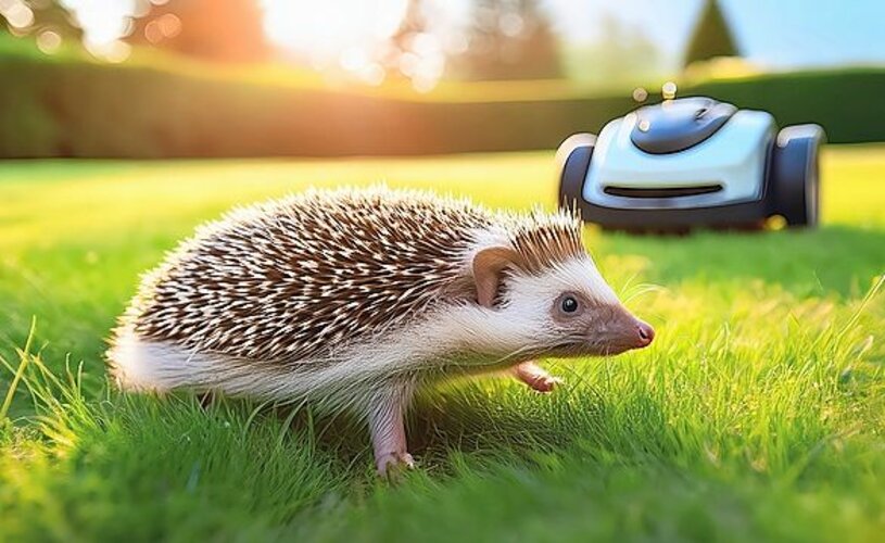 Ein Igel läuft vor einem Mähroboter davon.