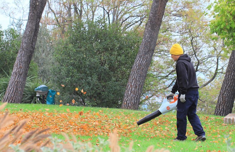 Mann mit einem Laubbläser auf einer Wiese HEV_43134_39487.jpg